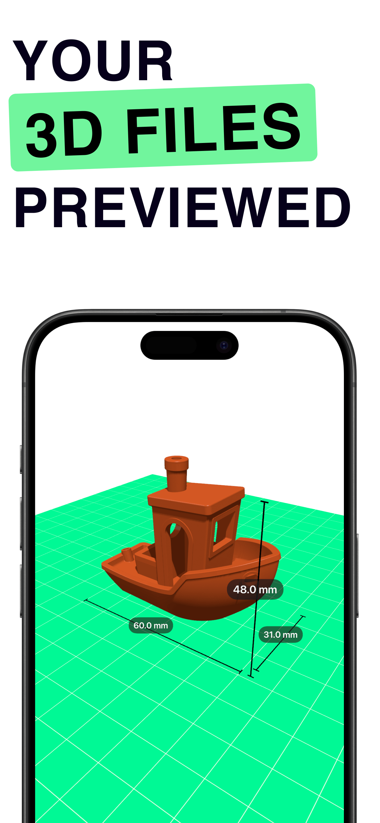 3DKit main viewer showing a 3D Benchy model with dimensions
