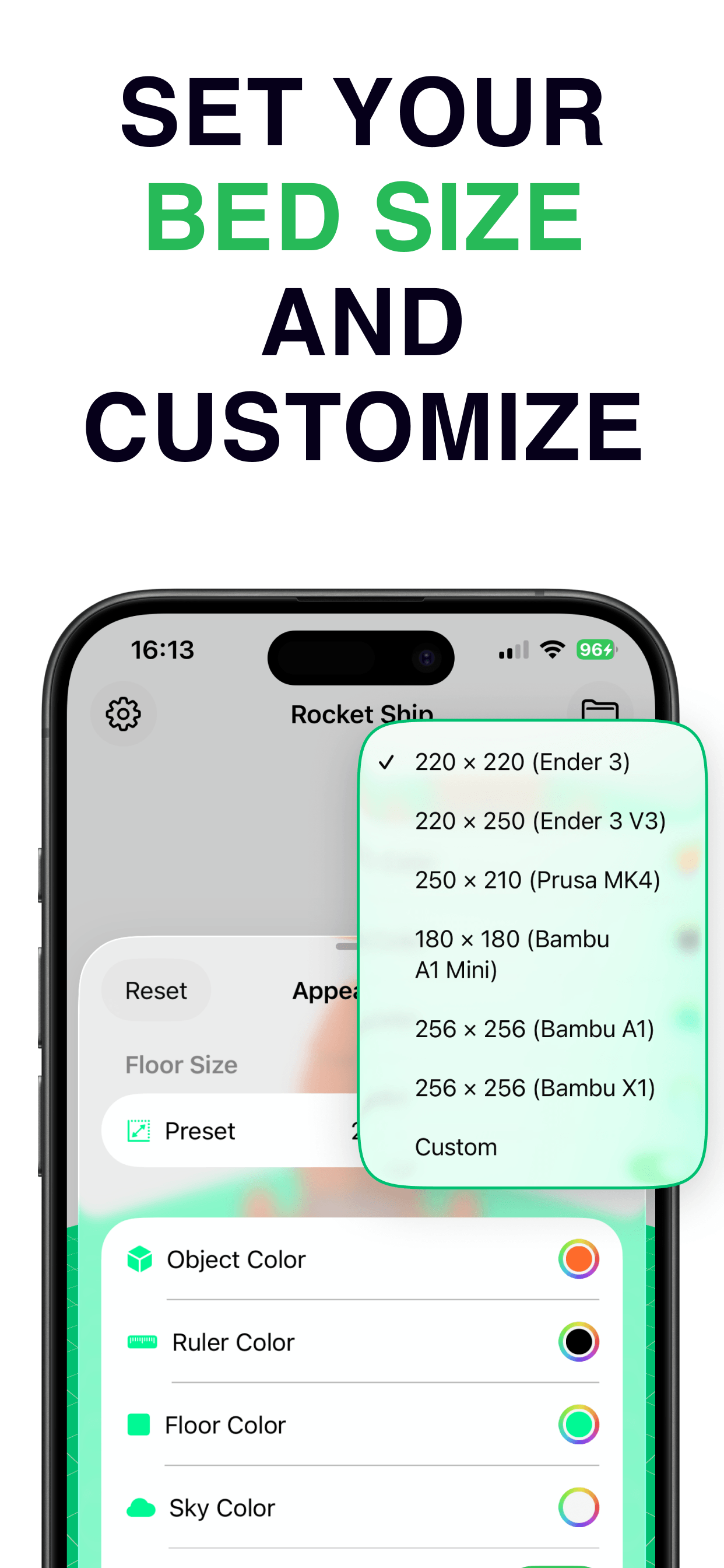 Printer bed size presets and appearance customization
