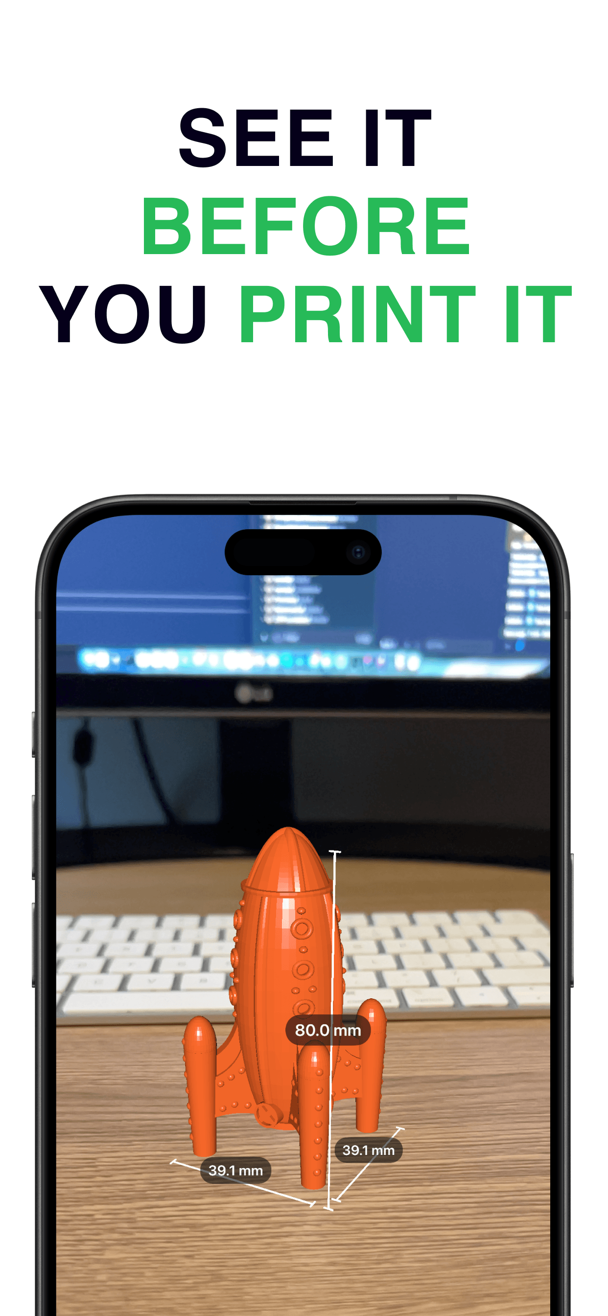 AR preview showing a 3D rocket model on a desk